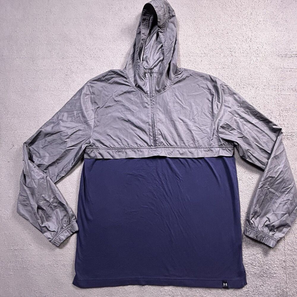 Under Armour Jacket Mens Medium Gray Navy 1/4 Zip Hooded Pullover Windbreaker